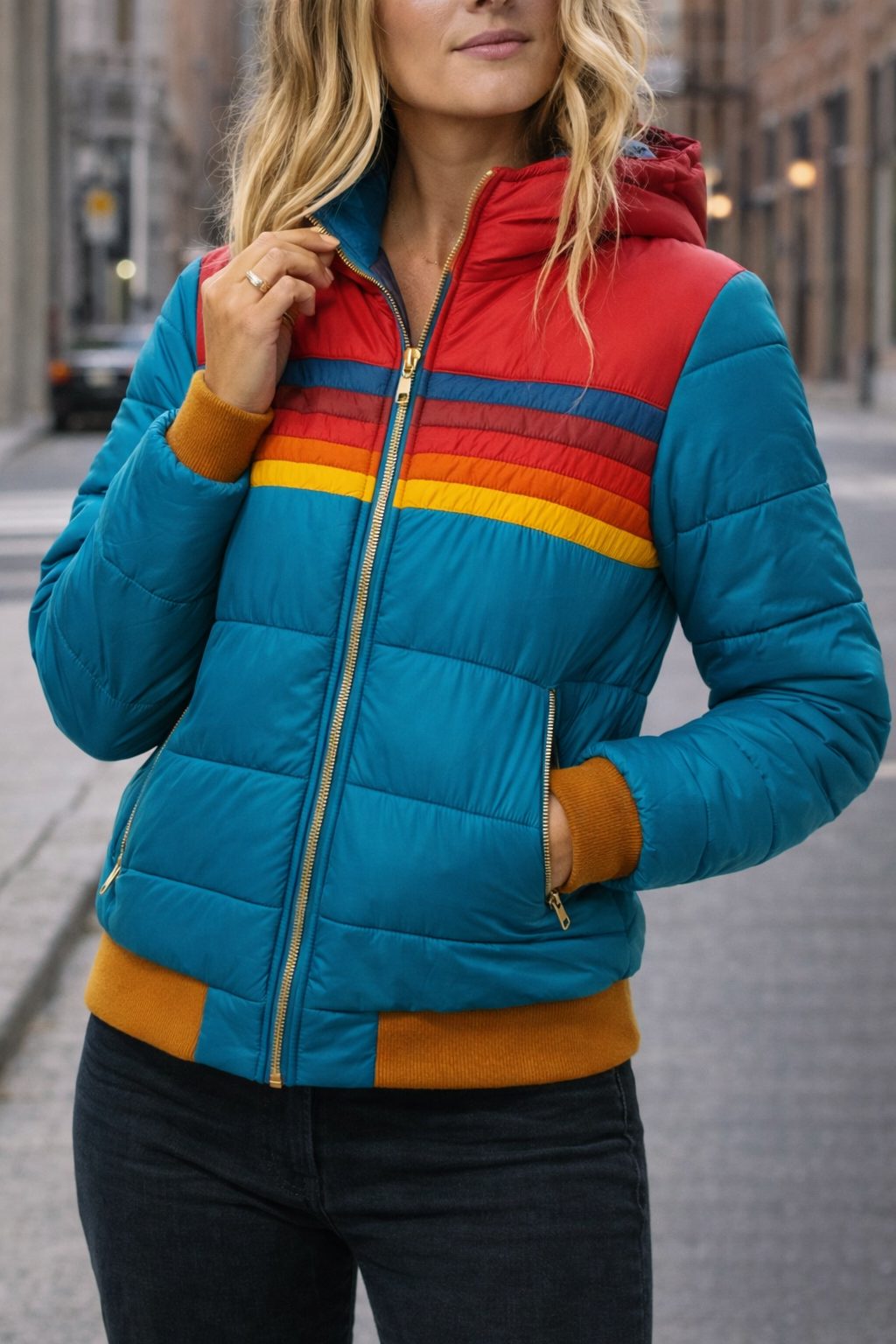 Rainbow Striped Puffer Jacket with Zip-Up for Women - Light blue