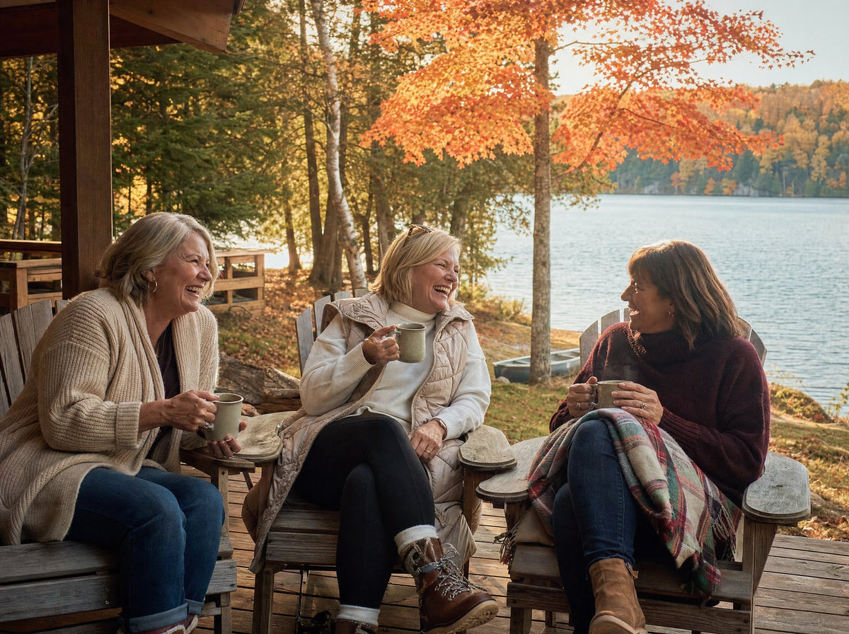 Friends in cozy fall knitwear on a Muskoka cottage porch