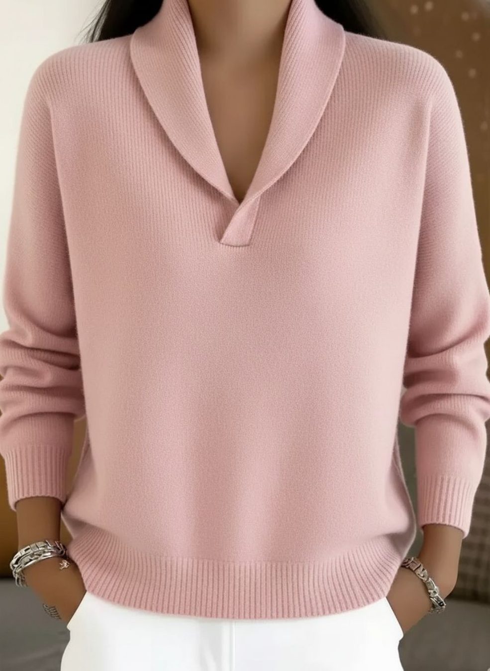 Relaxed V-Neck Ribbed Knit Jumper for Women - Pink