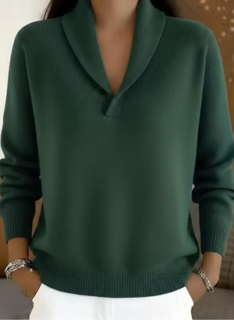 Relaxed V-Neck Ribbed Knit Jumper for Women - Green