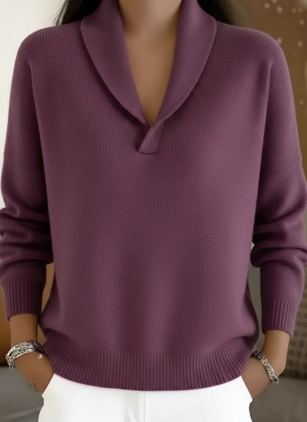 Relaxed V-Neck Ribbed Knit Jumper for Women - Purple