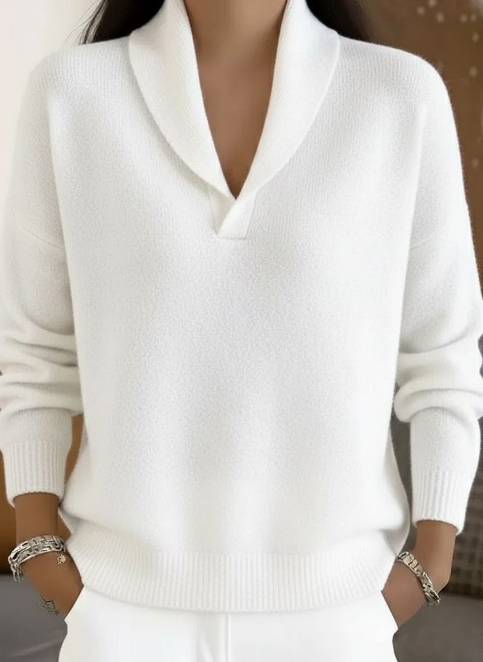 Relaxed V-Neck Ribbed Knit Jumper for Women - White