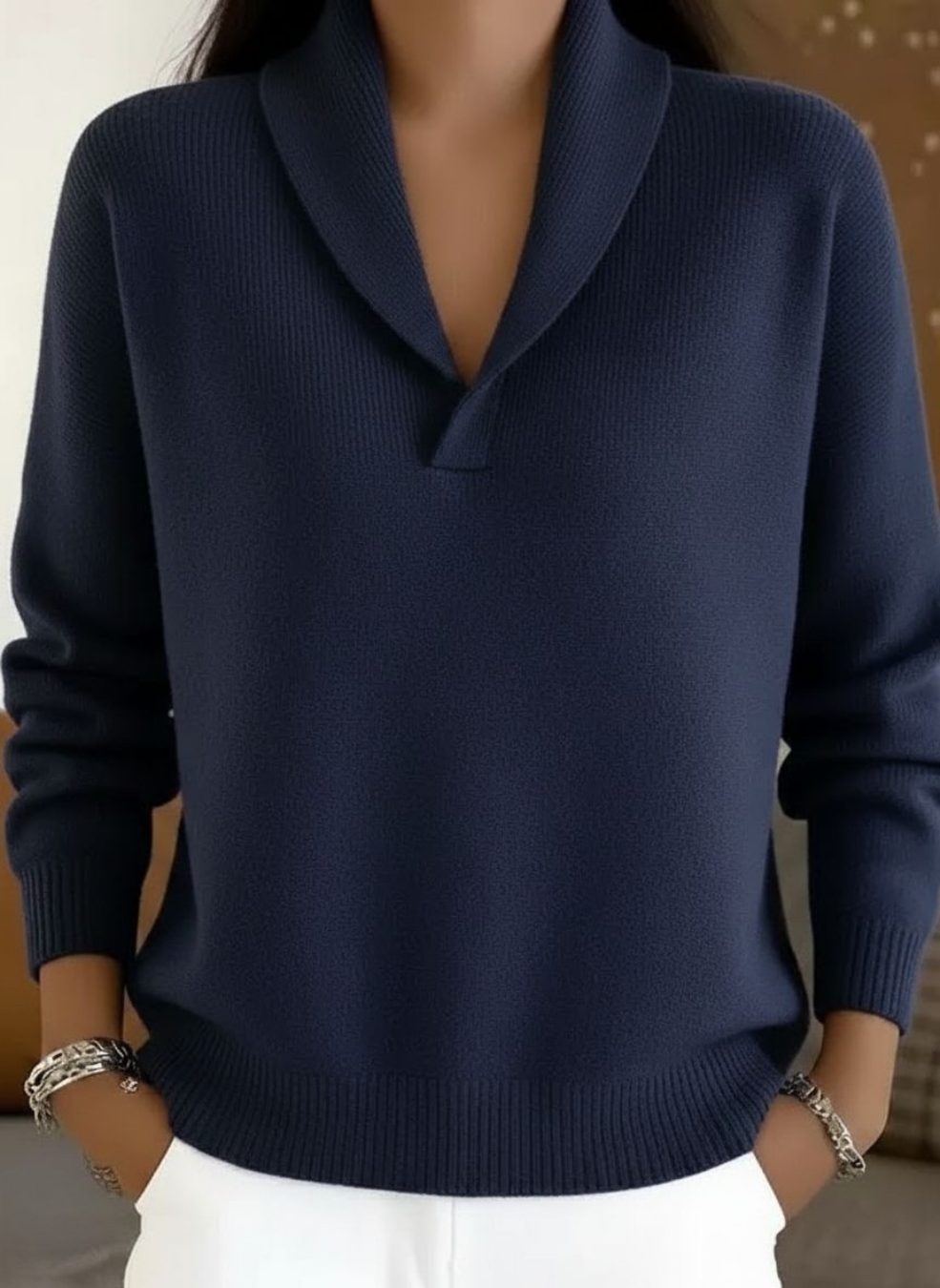Relaxed V-Neck Ribbed Knit Jumper for Women - Blue