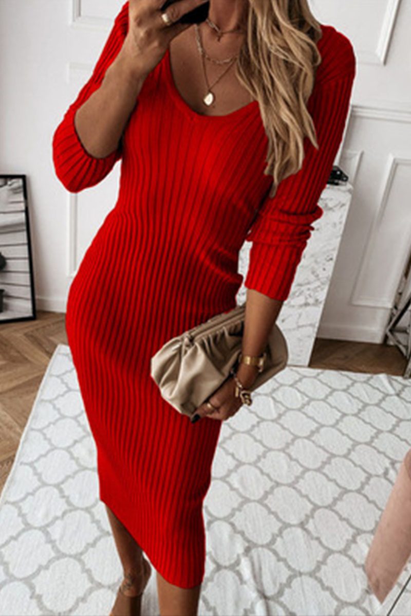 Ribbed Knit Bodycon Midi Dress for Women - Red