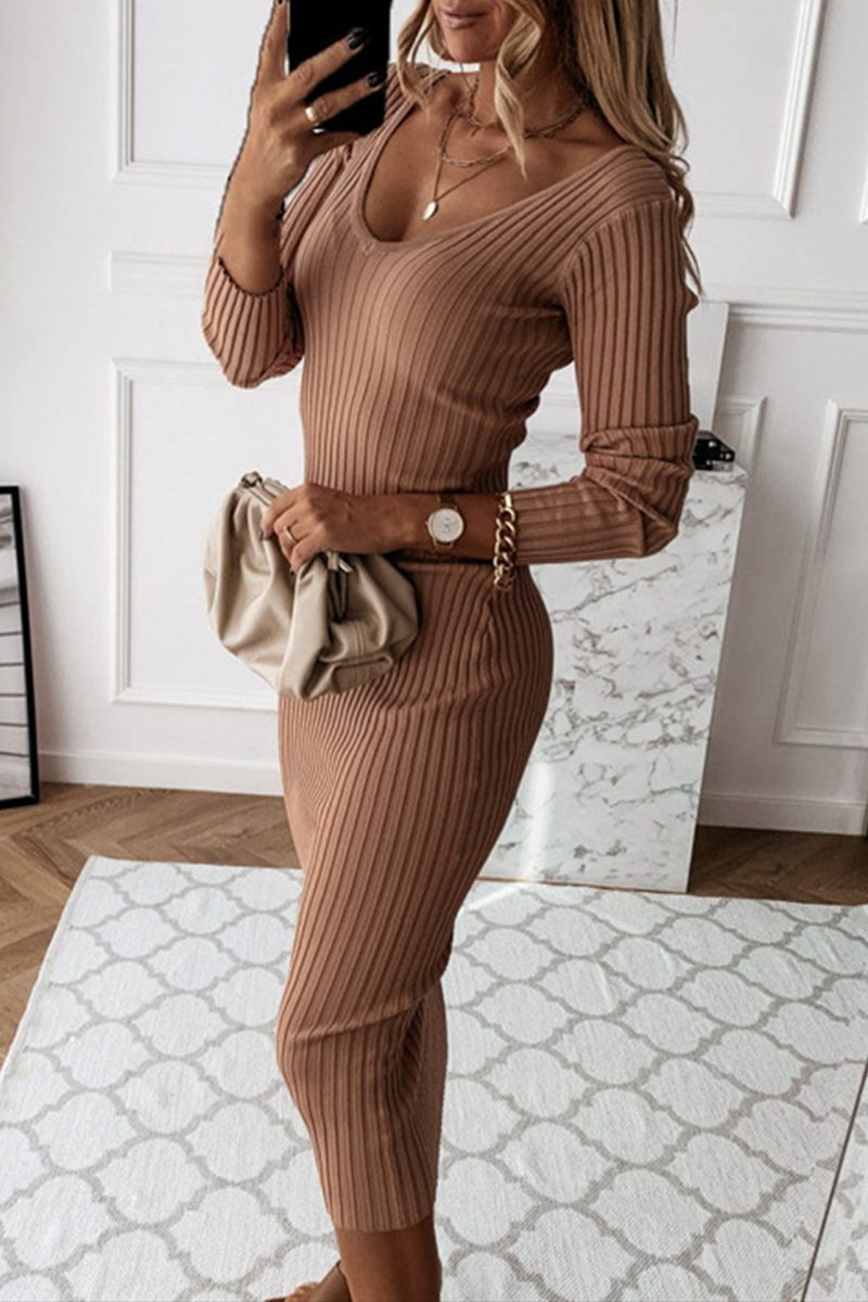 Ribbed Knit Bodycon Midi Dress for Women - View 3