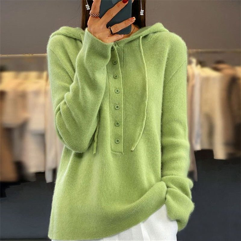 Ribbed Knit Button-Up Hoodie for Women