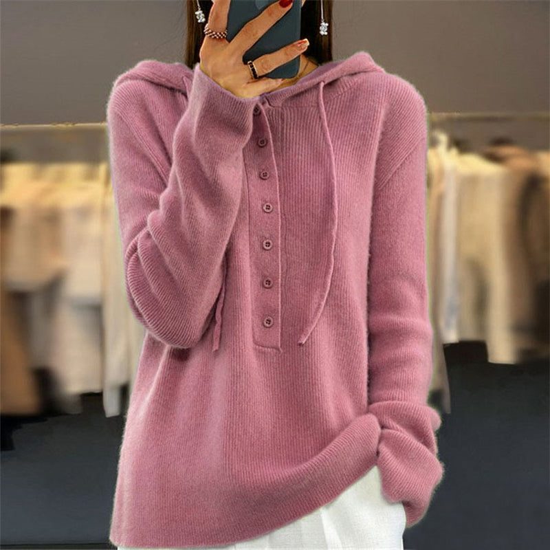 Ribbed Knit Button-Up Hoodie for Women
