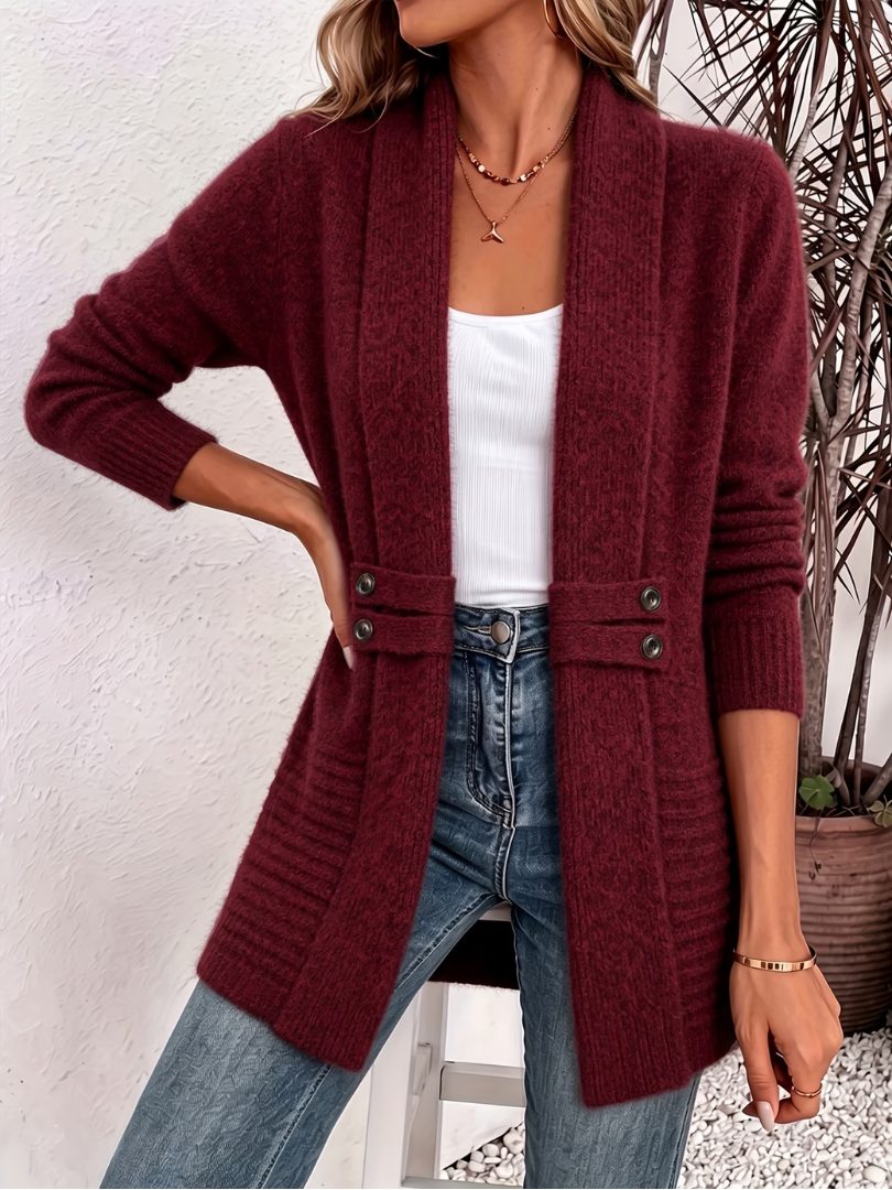Ribbed Knit Cardigan with Double Button Closure for Women - Bordeaux