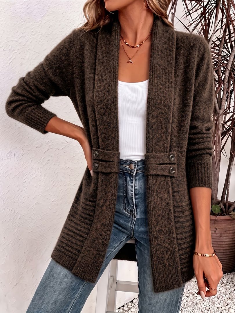 Ribbed Knit Cardigan with Double Button Closure for Women - Brown