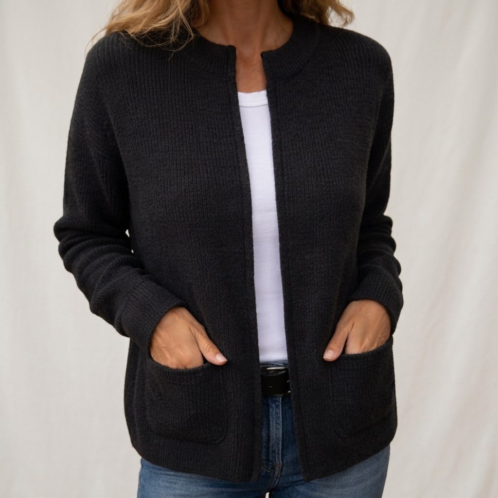 Ribbed Knit Cardigan with Pockets for Women - Black