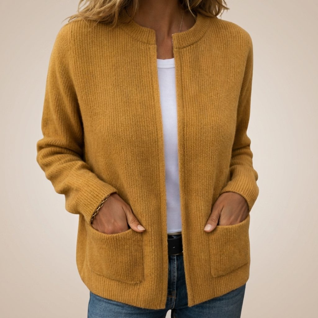 Ribbed Knit Cardigan with Pockets for Women - Yellow