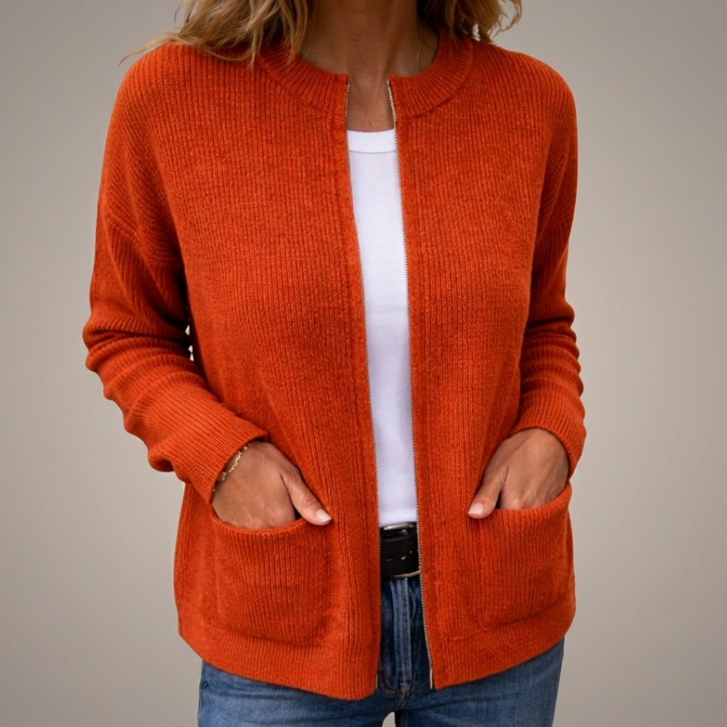 Ribbed Knit Cardigan with Pockets for Women - Orange