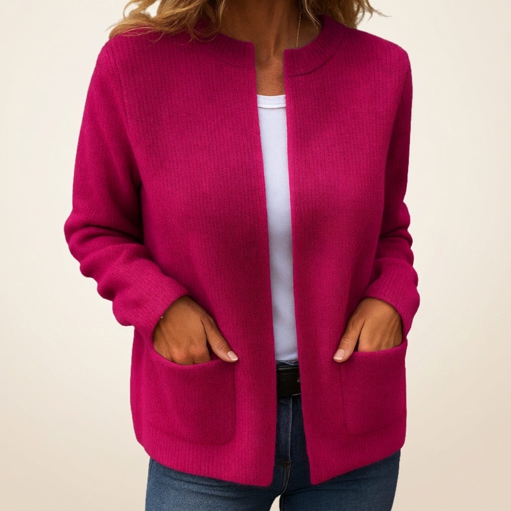 Ribbed Knit Cardigan with Pockets for Women - Pink