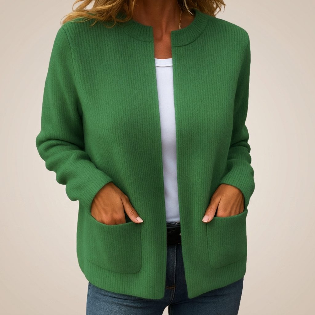 Ribbed Knit Cardigan with Pockets for Women - Green
