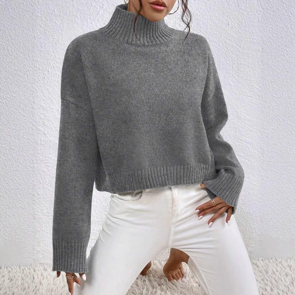 Ribbed Knit Cropped Roll Neck Jumper for Women