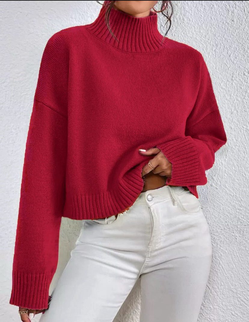 Ribbed Knit Cropped Roll Neck Jumper for Women - Red