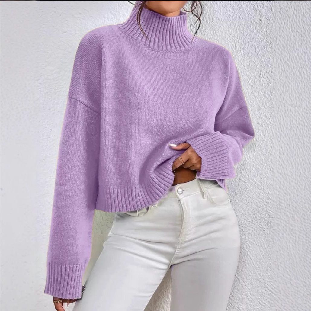 Ribbed Knit Cropped Roll Neck Jumper for Women - Lilac