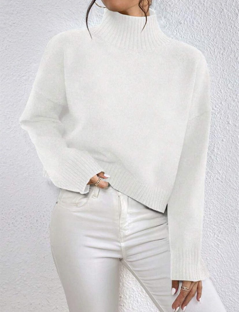 Ribbed Knit Cropped Roll Neck Jumper for Women - White