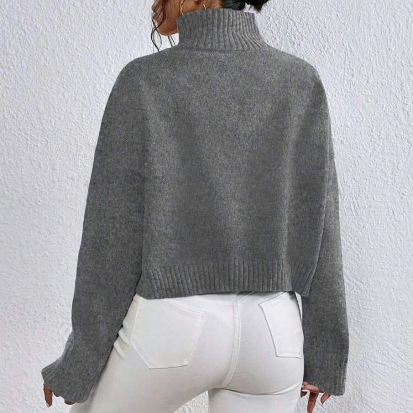 Ribbed Knit Cropped Roll Neck Jumper for Women - View 2