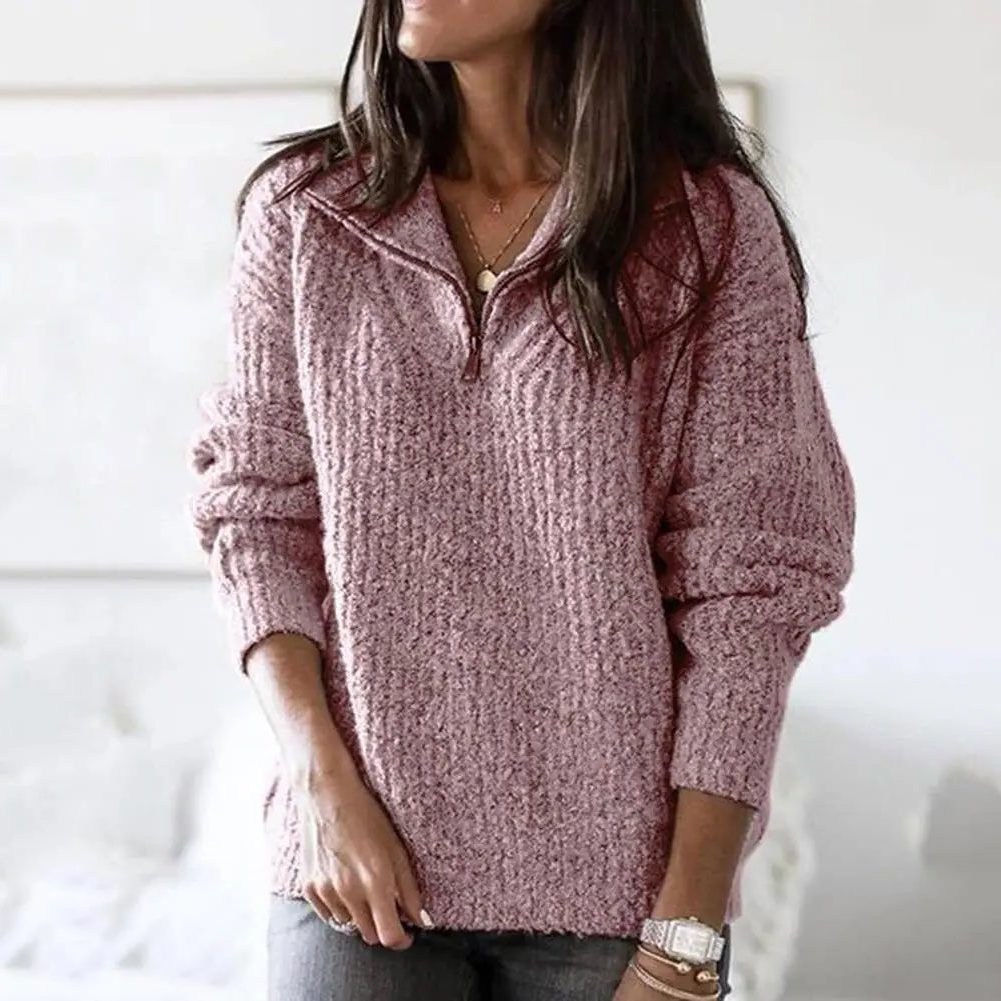 Ribbed Knit Half-Zip Pullover for Women
