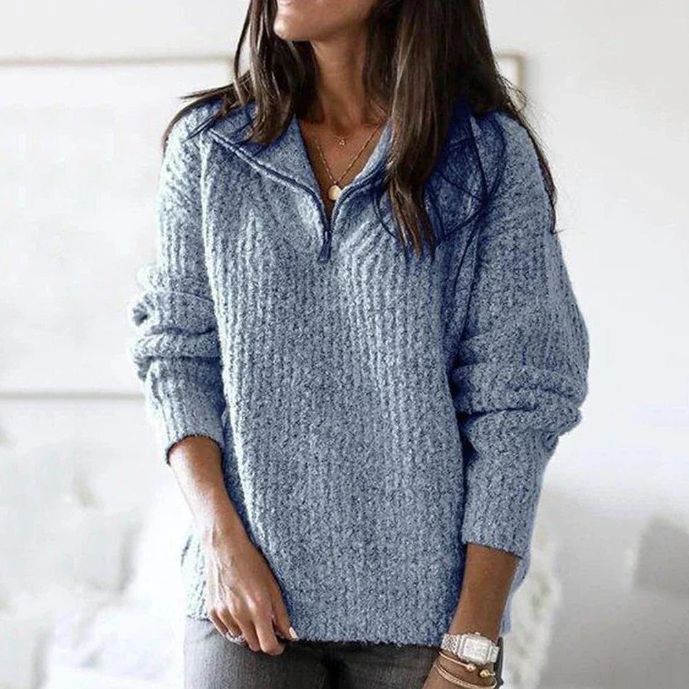 Ribbed Knit Half-Zip Pullover for Women - Blue