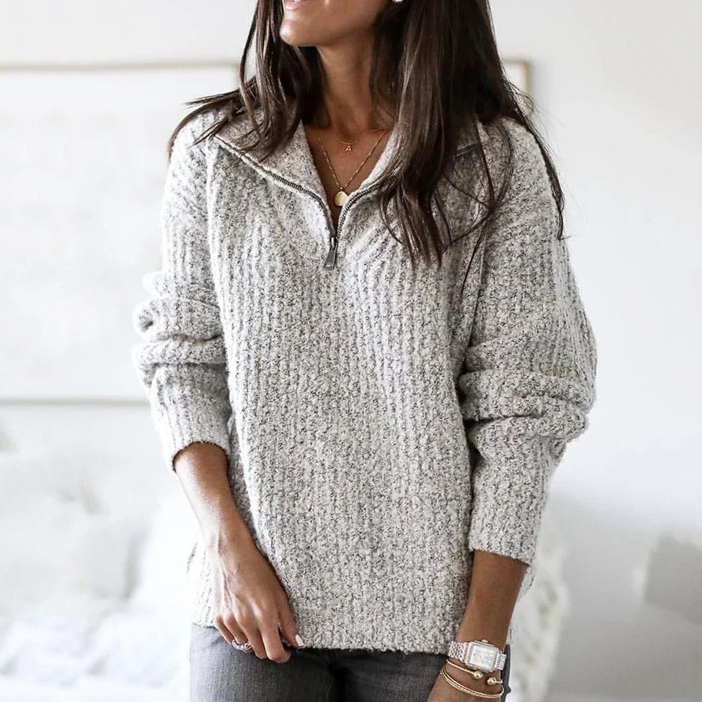 Ribbed Knit Half-Zip Pullover for Women - Light Gray