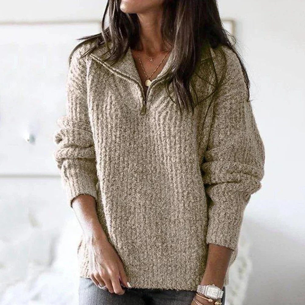 Ribbed Knit Half-Zip Pullover for Women - Khaki