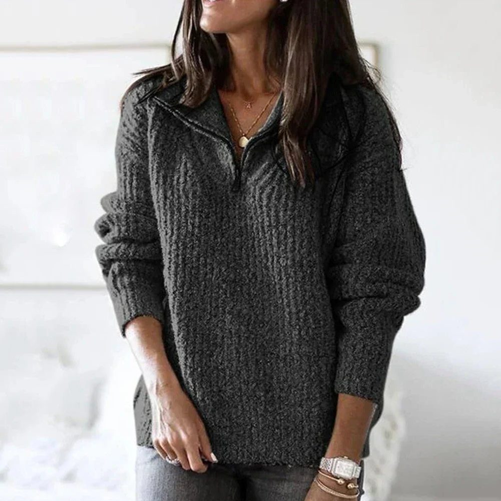 Ribbed Knit Half-Zip Pullover for Women - Dark Gray