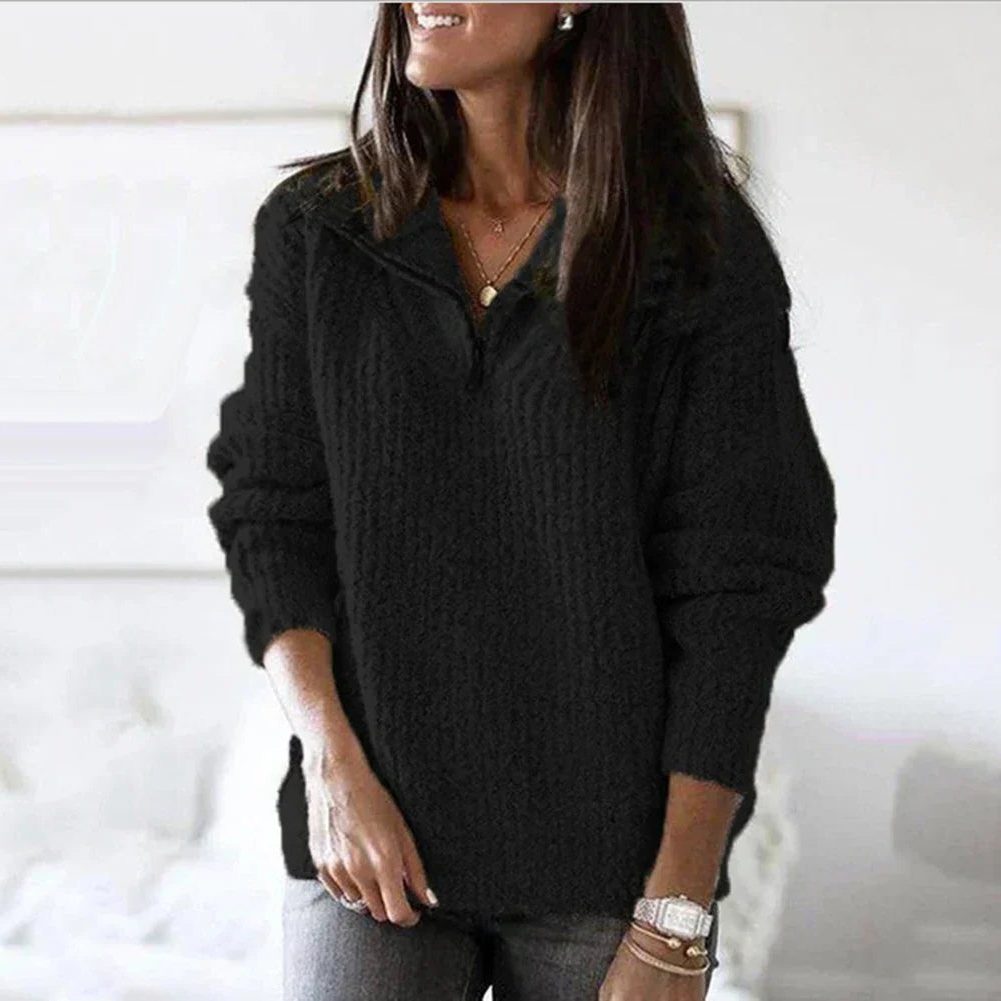 Ribbed Knit Half-Zip Pullover for Women - Black