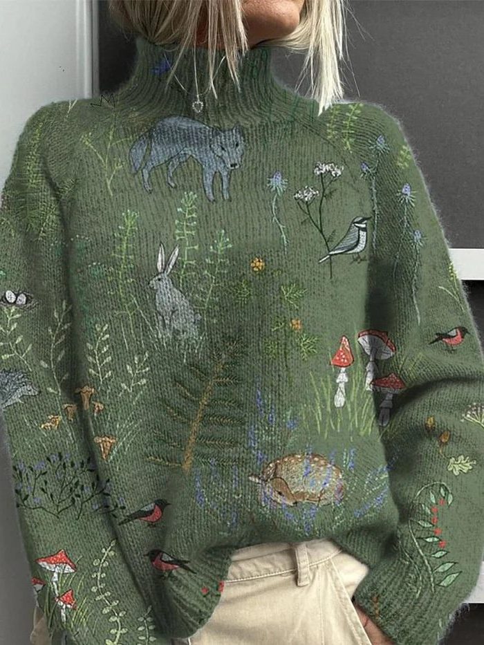 Ribbed Knit Jumper with Embroidered Wildlife for Women