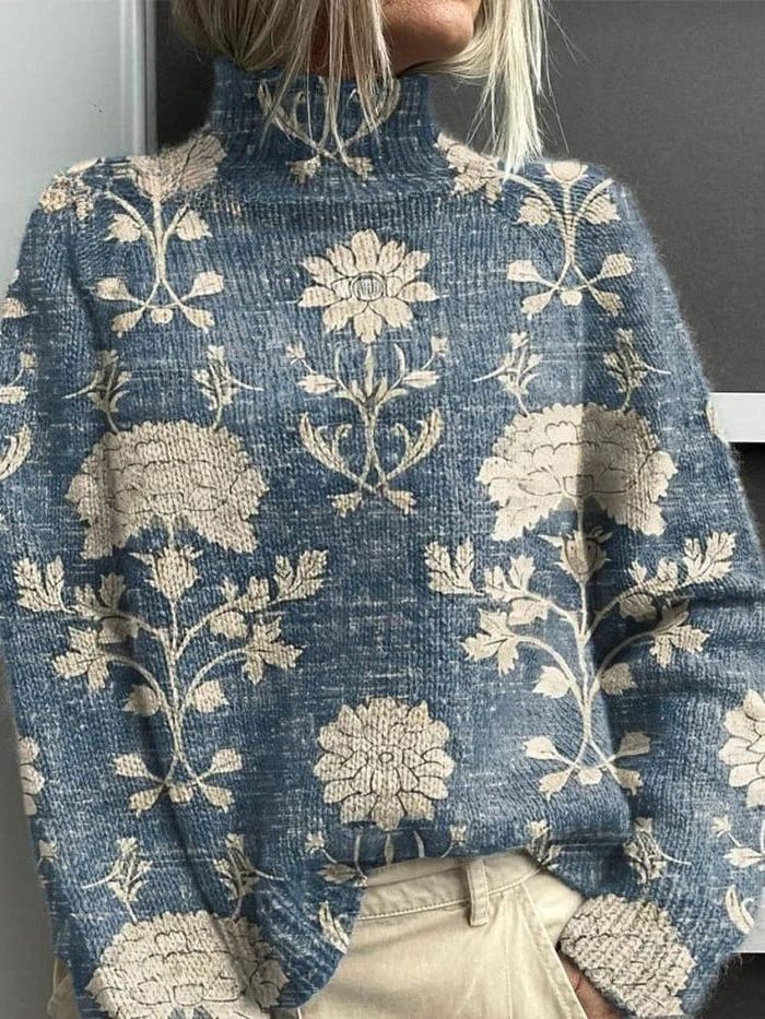 Ribbed Knit Jumper with Embroidered Wildlife for Women - Light Blue