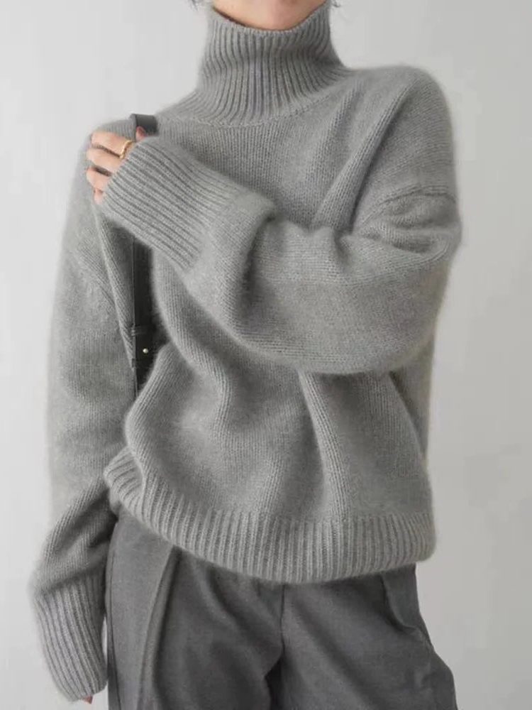 Ribbed Knit Jumper with Roll Neck for Women - Grey