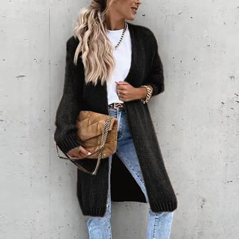 Ribbed Knit Long Cardigan for Women - Black