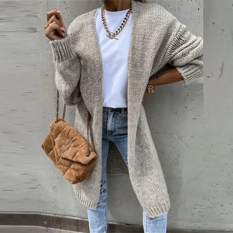 Ribbed Knit Long Cardigan for Women - Grey