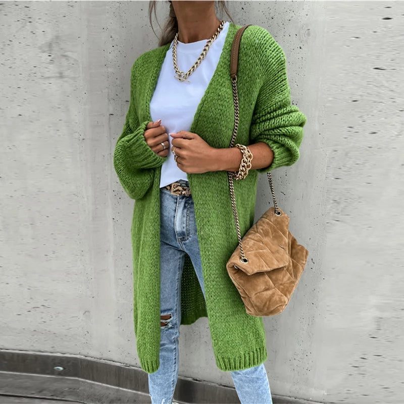 Ribbed Knit Long Cardigan for Women - Green