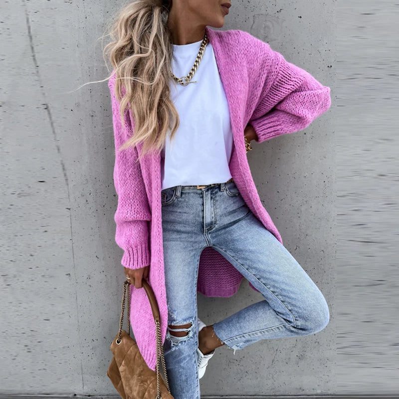 Ribbed Knit Long Cardigan for Women - Pink