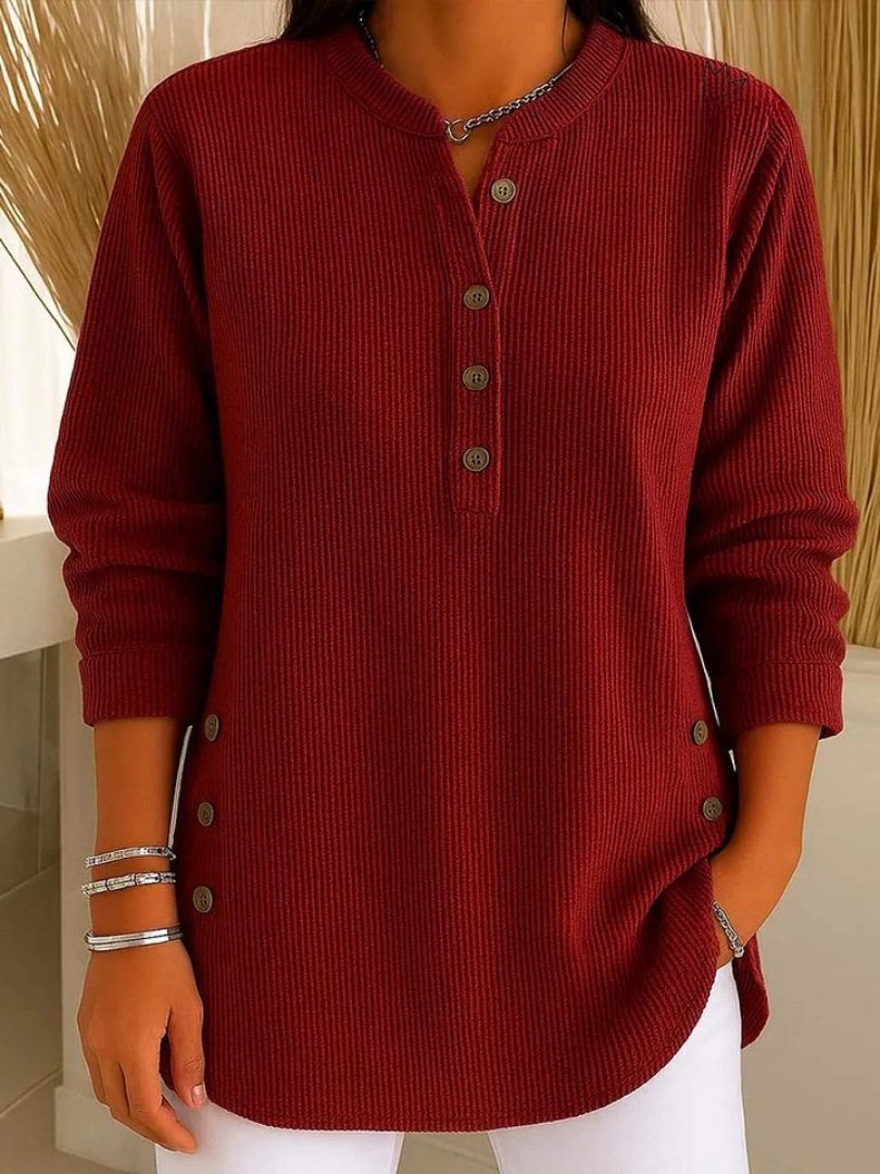 Ribbed Knit Long Sleeve Henley Top for Women - Red