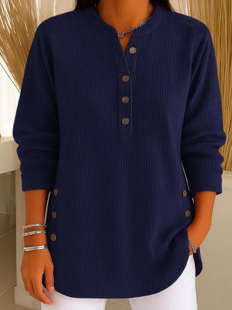 Ribbed Knit Long Sleeve Henley Top for Women - Dark Blue