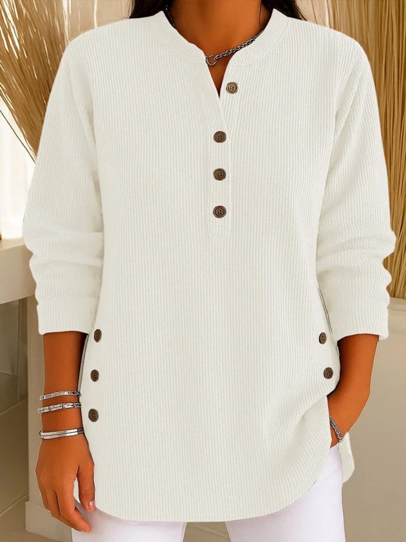 Ribbed Knit Long Sleeve Henley Top for Women - White