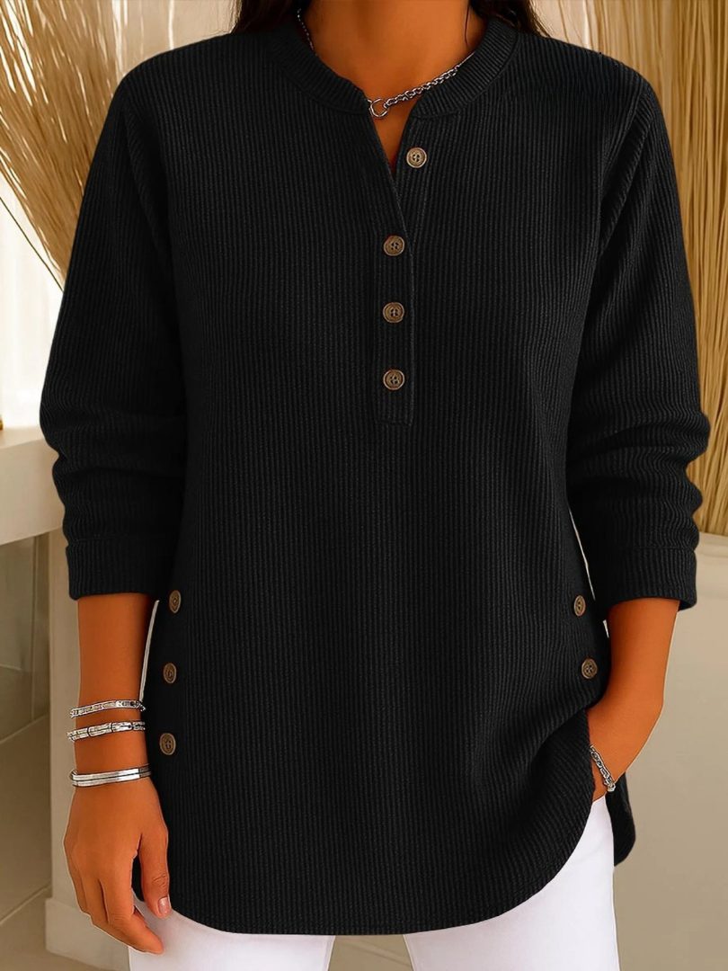 Ribbed Knit Long Sleeve Henley Top for Women - Black