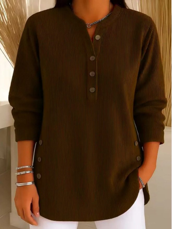 Ribbed Knit Long Sleeve Henley Top for Women - Dark Brown