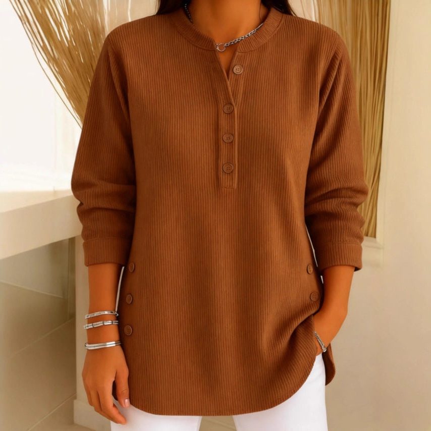 Ribbed Knit Long Sleeve Henley Top for Women - Brown