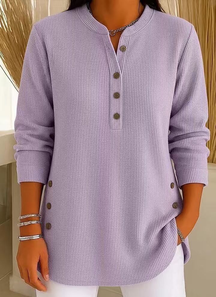 Ribbed Knit Long Sleeve Henley Top for Women - Purple