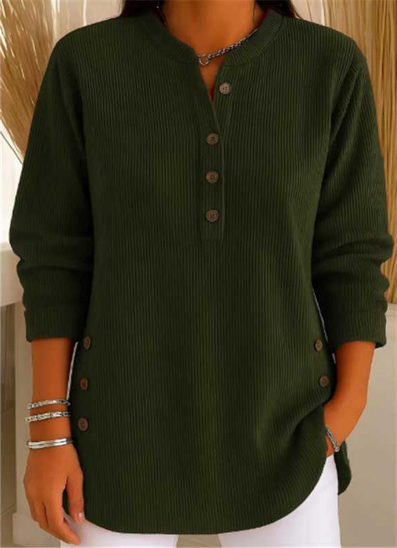 Ribbed Knit Long Sleeve Henley Top for Women - Green