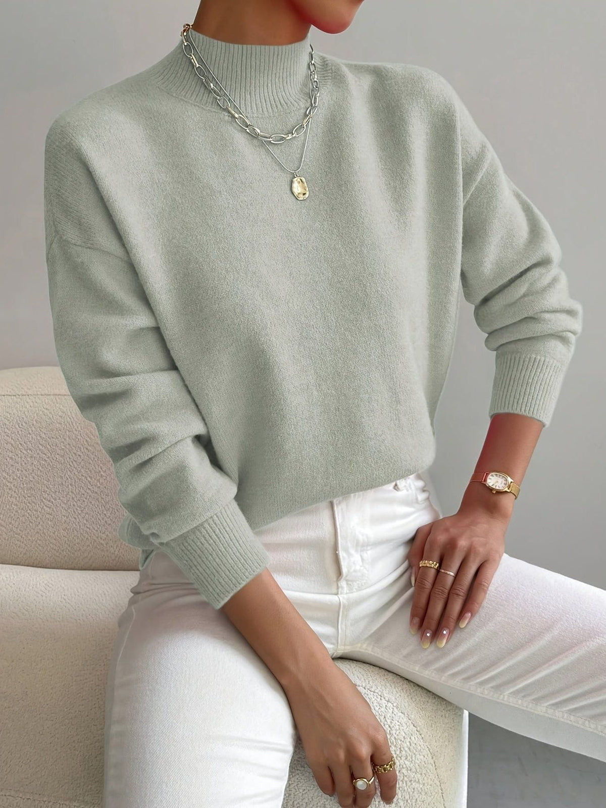 Ribbed Knit Long Sleeve Roll Neck Sweater for Women