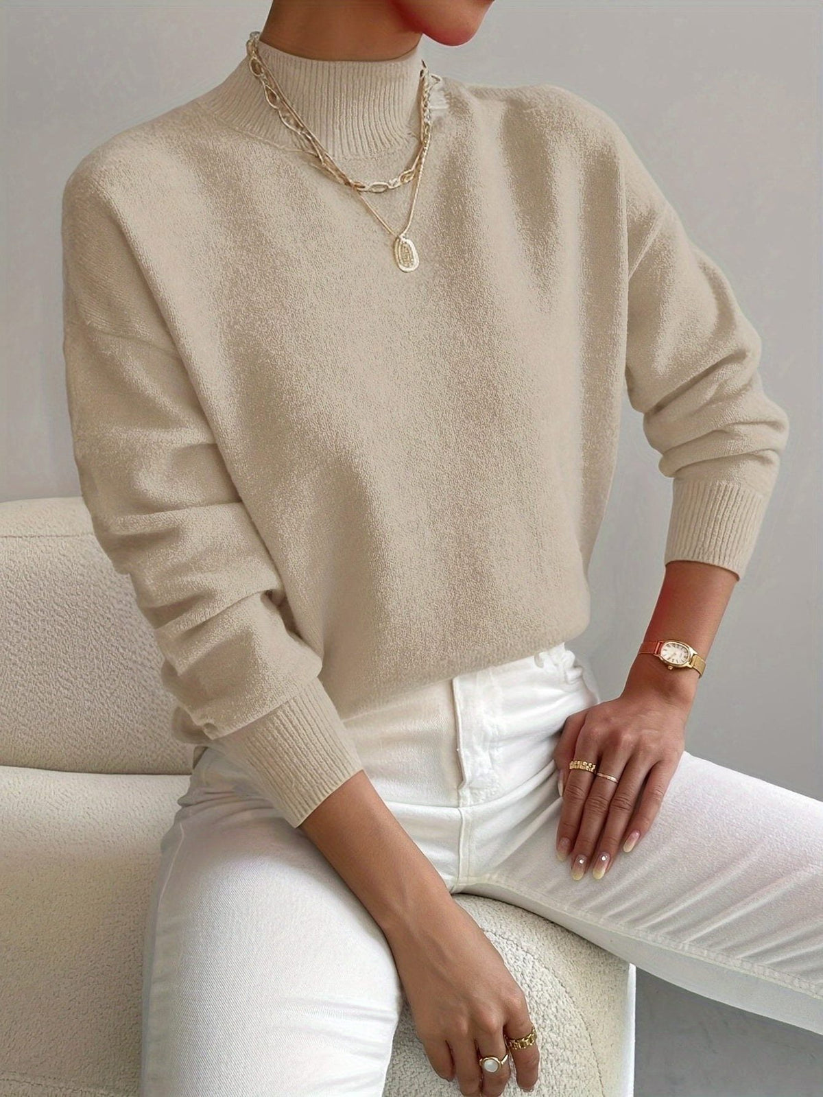 Ribbed Knit Long Sleeve Roll Neck Sweater for Women - View 5