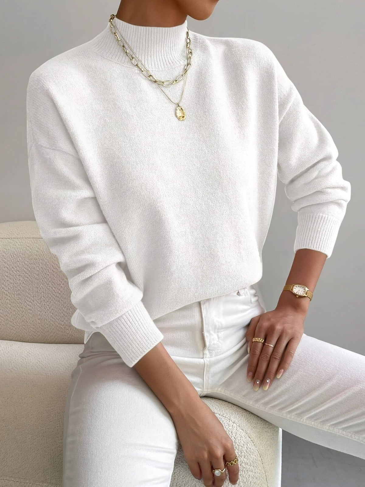 Ribbed Knit Long Sleeve Roll Neck Sweater for Women - White