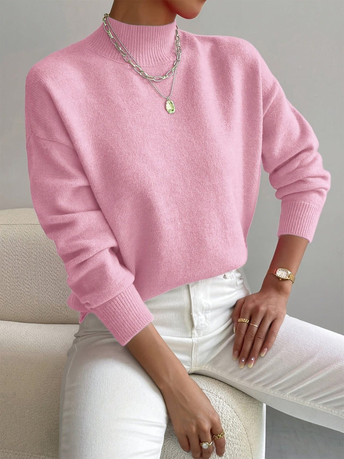 Ribbed Knit Long Sleeve Roll Neck Sweater for Women - Light Pink