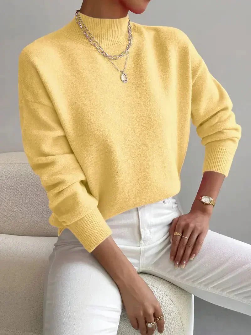 Ribbed Knit Long Sleeve Roll Neck Sweater for Women - Yellow