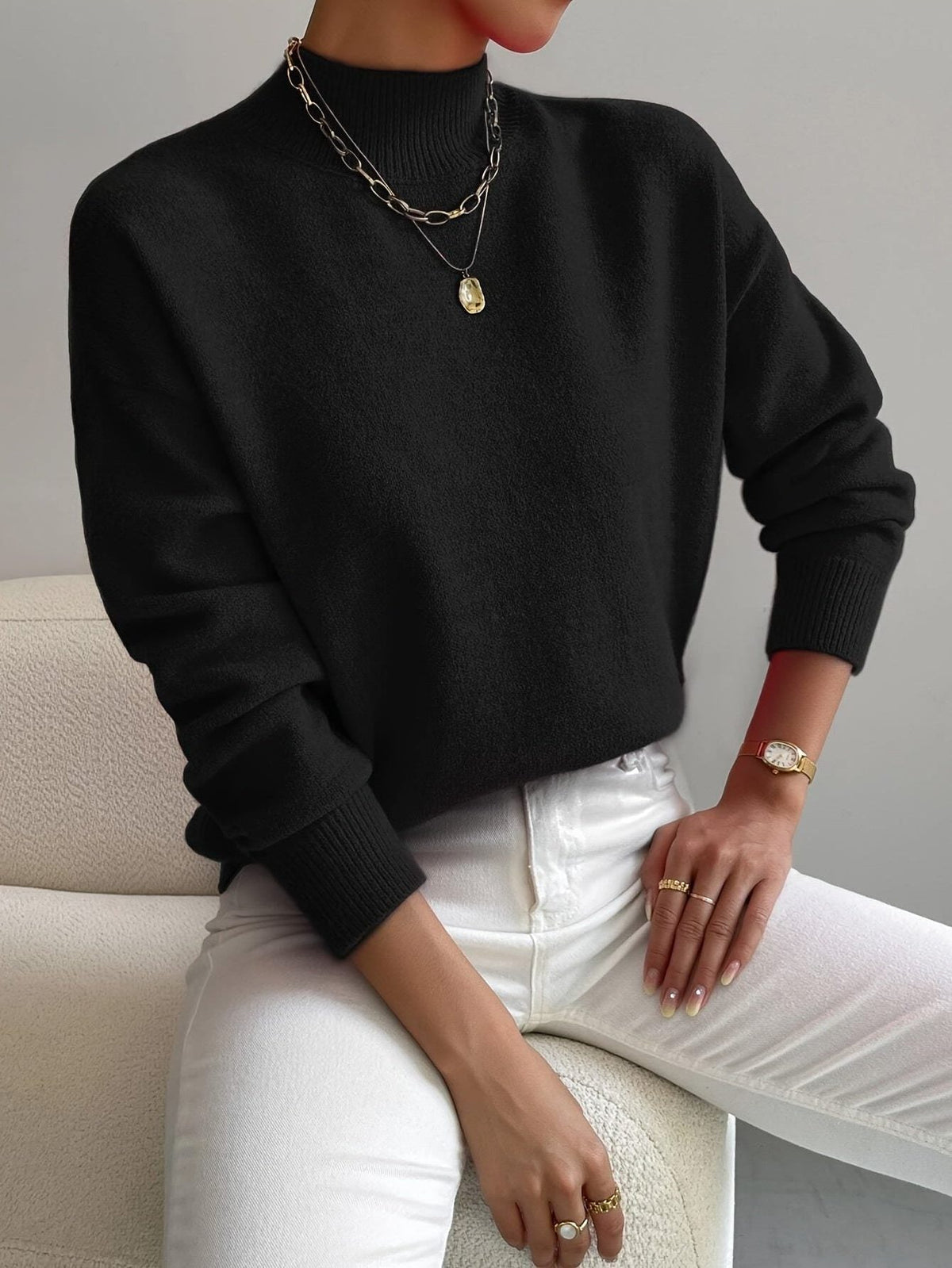Ribbed Knit Long Sleeve Roll Neck Sweater for Women - Black